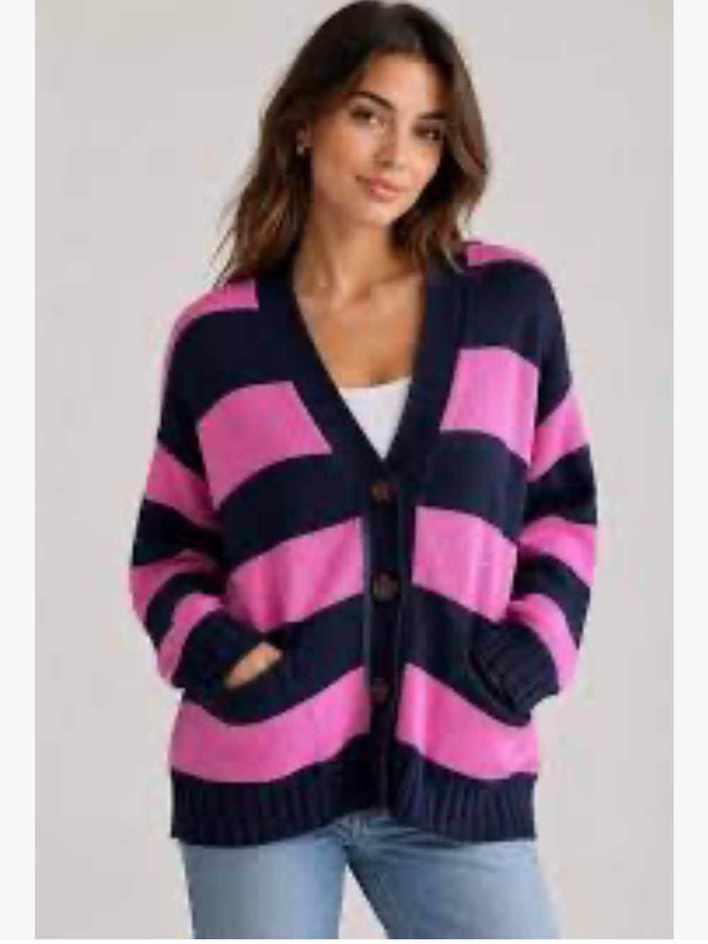 LOFT Pink & Black Striped Button Front Oversized Cardigan - New with tags - L